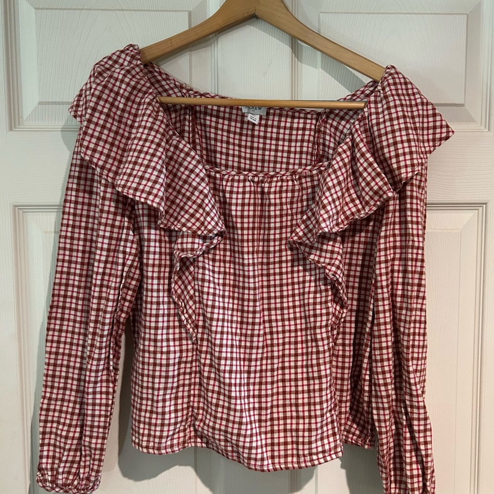 J. Crew Red Checkered Ruffle Blouse